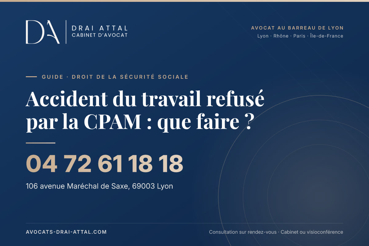 Accident du travail refusé par la CPAM : que faire ? Accident du travail refusé par la CPAM : que faire ? – Cabinet Drai Attal, avocat à Lyon, 106 avenue Maréchal de Saxe 69003 Lyon, tél. 04 72 61 18 18