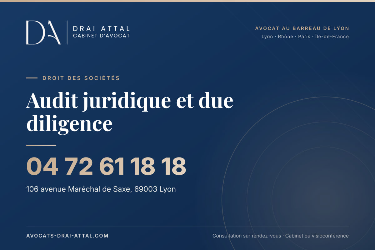 Audit juridique et due diligence : votre avocat à Lyon et à Paris Audit juridique et due diligence – Cabinet Drai Attal, avocat à Lyon, 106 avenue Maréchal de Saxe 69003 Lyon, tél. 04 72 61 18 18