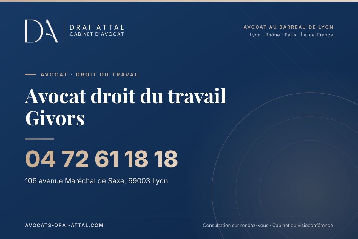 Avocat droit du travail Givors Avocat droit du travail Givors – Cabinet Drai Attal, avocat à Lyon, 106 avenue Maréchal de Saxe 69003 Lyon, tél. 04 72 61 18 18