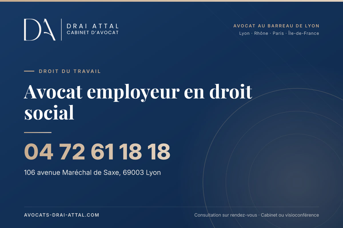 Avocat employeur en droit social : votre avocat à Lyon et à Paris Avocat employeur en droit social – Cabinet Drai Attal, avocat à Lyon, 106 avenue Maréchal de Saxe 69003 Lyon, tél. 04 72 61 18 18