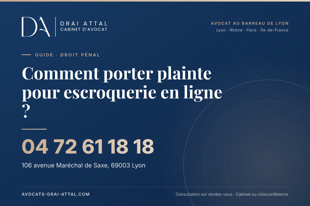 Comment porter plainte pour escroquerie en ligne ? – Cabinet Drai Attal, avocat à Lyon, 106 avenue Maréchal de Saxe 69003 Lyon, tél. 04 72 61 18 18