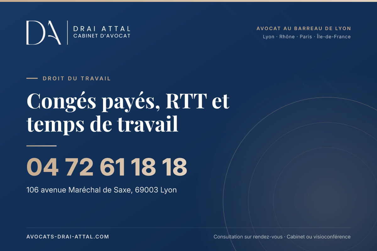 Congés payés, RTT et temps de travail : votre avocat à Lyon et à Paris Congés payés, RTT et temps de travail – Cabinet Drai Attal, avocat à Lyon, 106 avenue Maréchal de Saxe 69003 Lyon, tél. 04 72 61 18 18