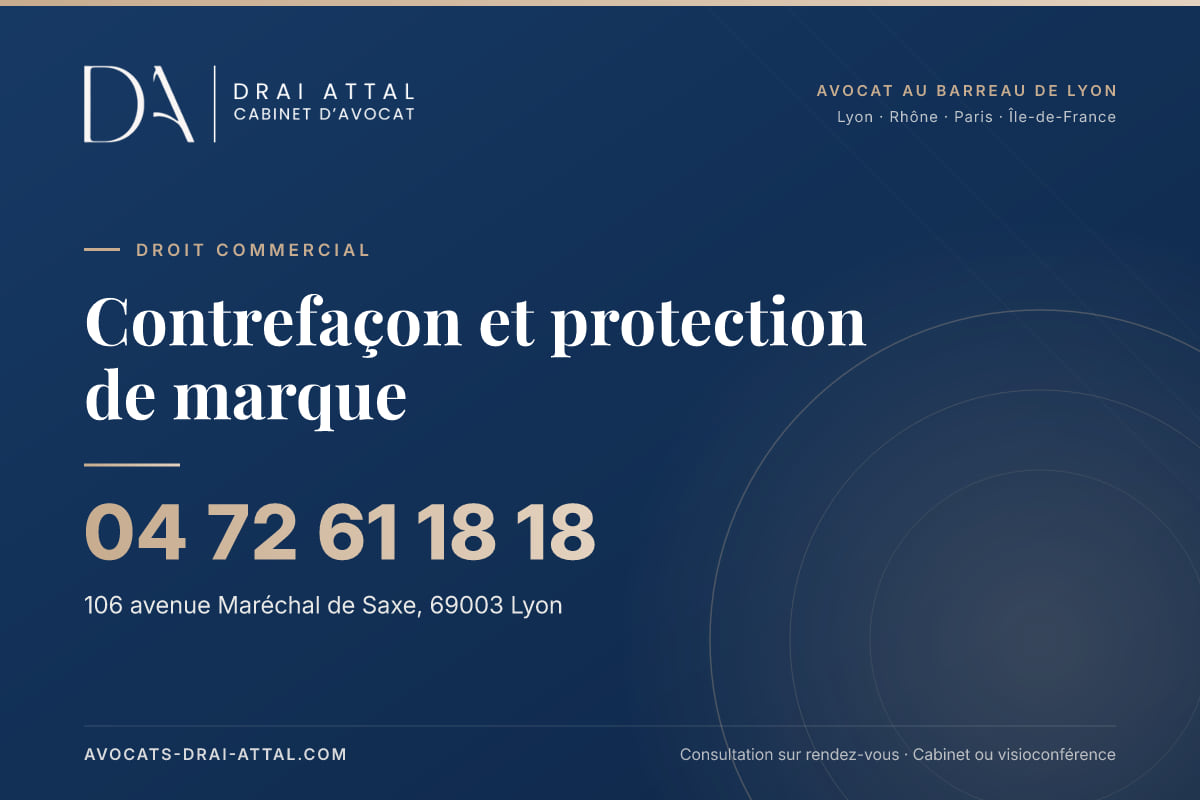 Contrefaçon et protection de marque : votre avocat à Lyon et à Paris Contrefaçon et protection de marque – Cabinet Drai Attal, avocat à Lyon, 106 avenue Maréchal de Saxe 69003 Lyon, tél. 04 72 61 18 18