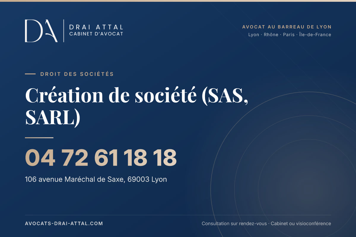 Création de société (SAS, SARL) : votre avocat à Lyon et à Paris Création de société (SAS, SARL) – Cabinet Drai Attal, avocat à Lyon, 106 avenue Maréchal de Saxe 69003 Lyon, tél. 04 72 61 18 18