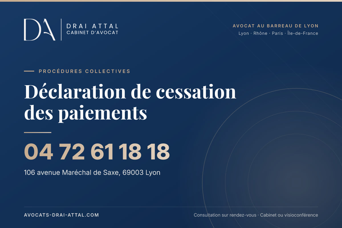Déclaration de cessation des paiements – Cabinet Drai Attal, avocat à Lyon, 106 avenue Maréchal de Saxe 69003 Lyon, tél. 04 72 61 18 18
