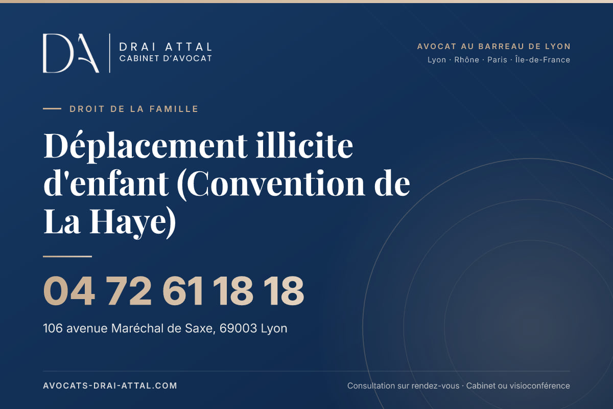 Déplacement illicite d'enfant (Convention de La Haye) – Cabinet Drai Attal, avocat à Lyon, 106 avenue Maréchal de Saxe 69003 Lyon, tél. 04 72 61 18 18