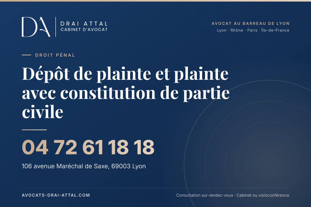 Dépôt de plainte et plainte avec constitution de partie civile : votre avocat à Lyon et à Paris Dépôt de plainte et plainte avec constitution de partie civile – Cabinet Drai Attal, avocat à Lyon, 106 avenue Maréchal de Saxe 69003 Lyon, tél. 04 72 61 18 18