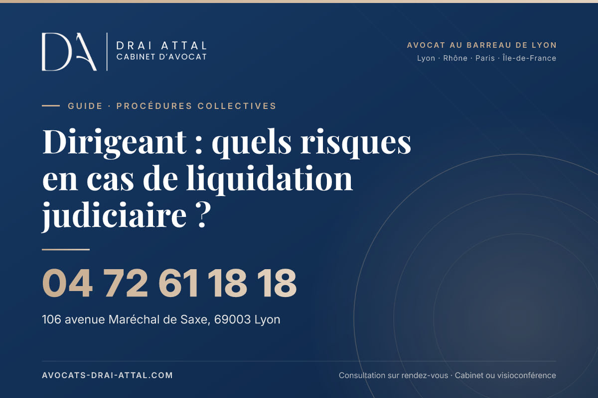 Dirigeant : quels risques en cas de liquidation judiciaire ? Dirigeant : quels risques en cas de liquidation judiciaire ? – Cabinet Drai Attal, avocat à Lyon, 106 avenue Maréchal de Saxe 69003 Lyon, tél. 04 72 61 18 18