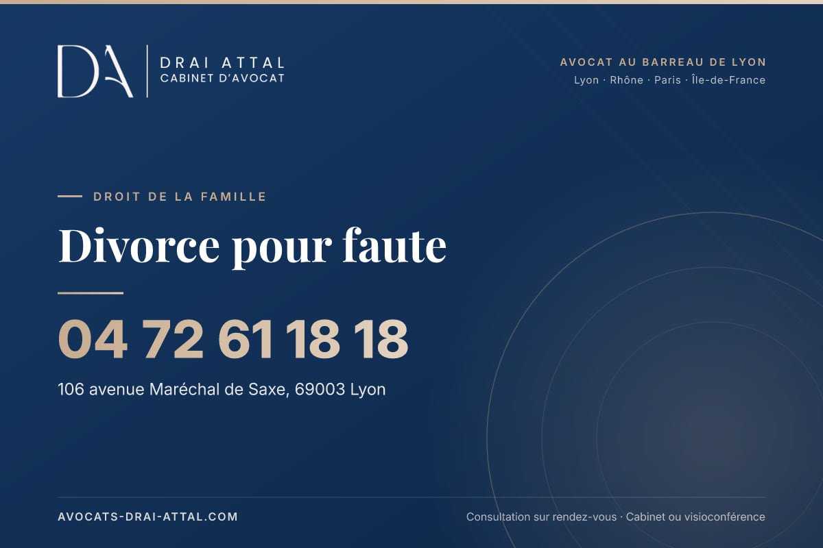 Divorce pour faute : votre avocat à Lyon et à Paris Divorce pour faute – Cabinet Drai Attal, avocat à Lyon, 106 avenue Maréchal de Saxe 69003 Lyon, tél. 04 72 61 18 18
