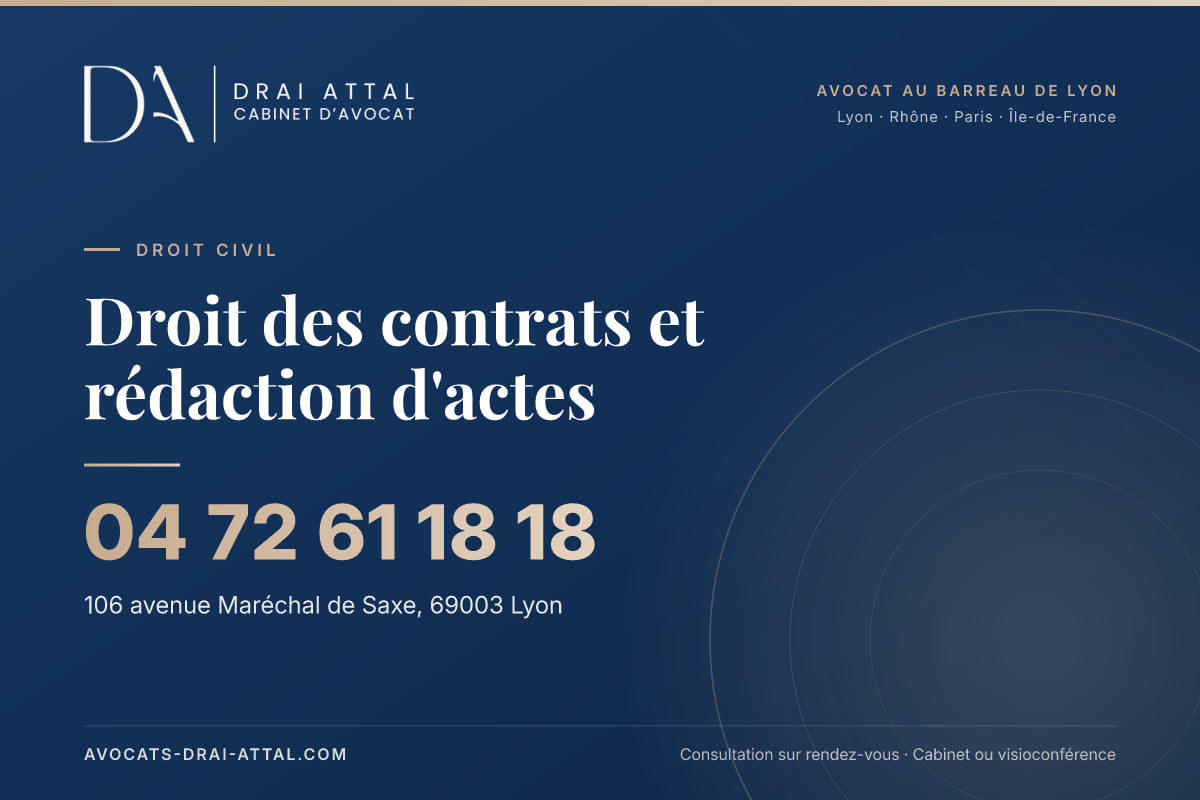 Droit des contrats et rédaction d'actes – Cabinet Drai Attal, avocat à Lyon, 106 avenue Maréchal de Saxe 69003 Lyon, tél. 04 72 61 18 18