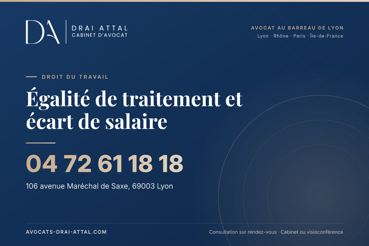 Égalité de traitement et écart de salaire : votre avocat à Lyon et à Paris Égalité de traitement et écart de salaire – Cabinet Drai Attal, avocat à Lyon, 106 avenue Maréchal de Saxe 69003 Lyon, tél. 04 72 61 18 18