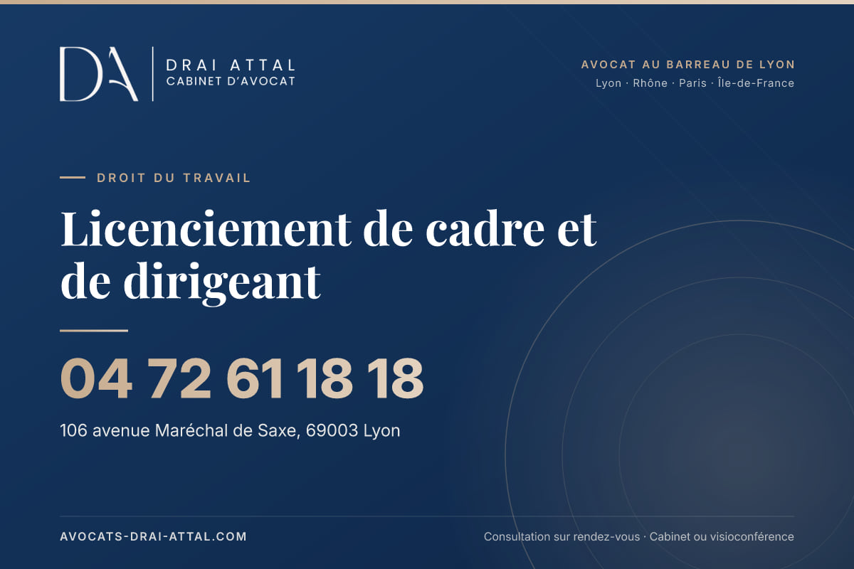 Licenciement de cadre et de dirigeant : votre avocat à Lyon et à Paris Licenciement de cadre et de dirigeant – Cabinet Drai Attal, avocat à Lyon, 106 avenue Maréchal de Saxe 69003 Lyon, tél. 04 72 61 18 18