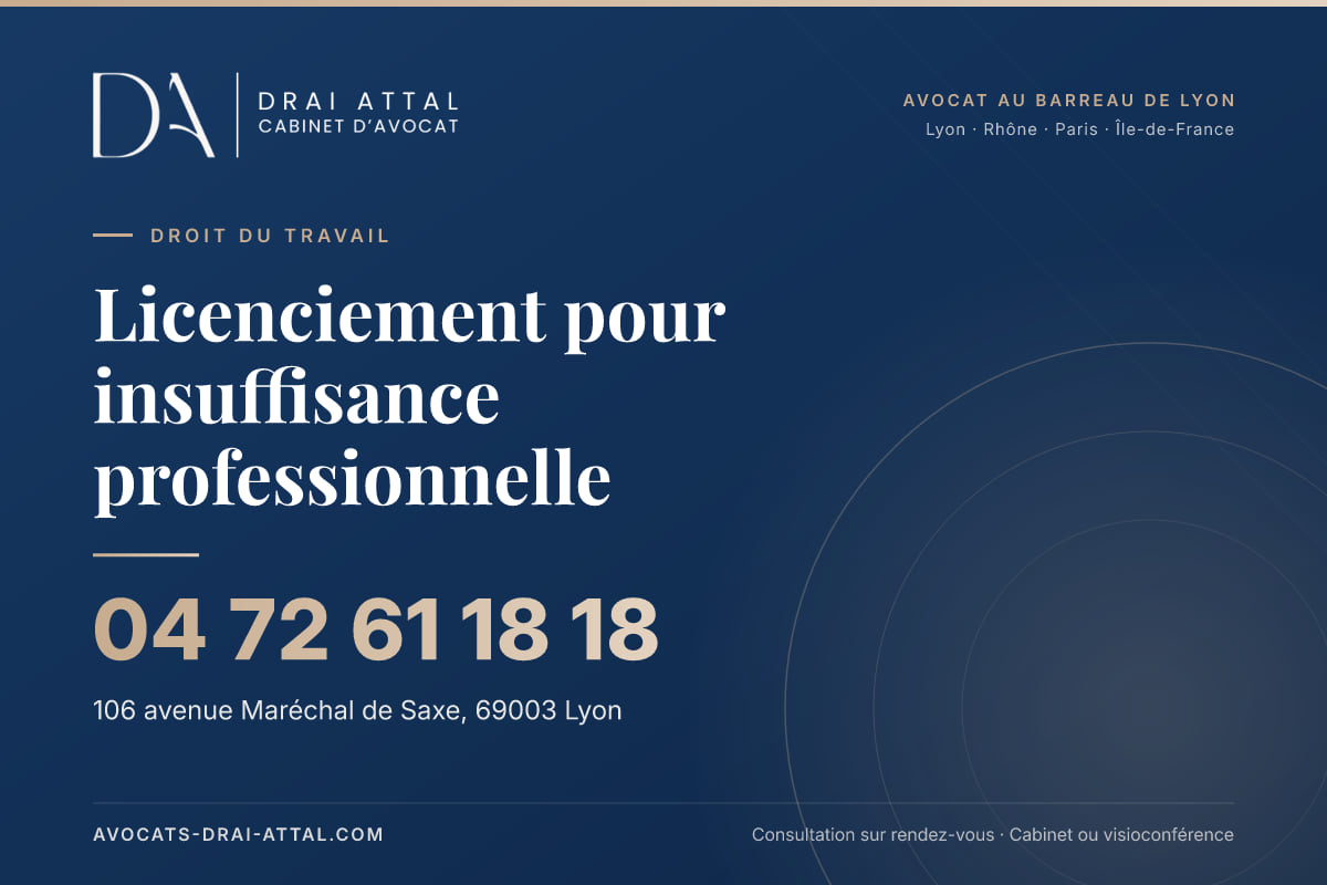 Licenciement pour insuffisance professionnelle : votre avocat à Lyon et à Paris Licenciement pour insuffisance professionnelle – Cabinet Drai Attal, avocat à Lyon, 106 avenue Maréchal de Saxe 69003 Lyon, tél. 04 72 61 18 18