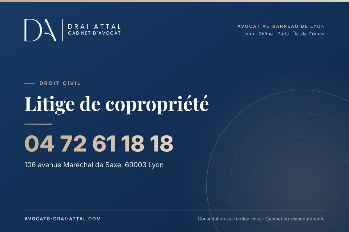 Litige de copropriété : votre avocat à Lyon et à Paris Litige de copropriété – Cabinet Drai Attal, avocat à Lyon, 106 avenue Maréchal de Saxe 69003 Lyon, tél. 04 72 61 18 18