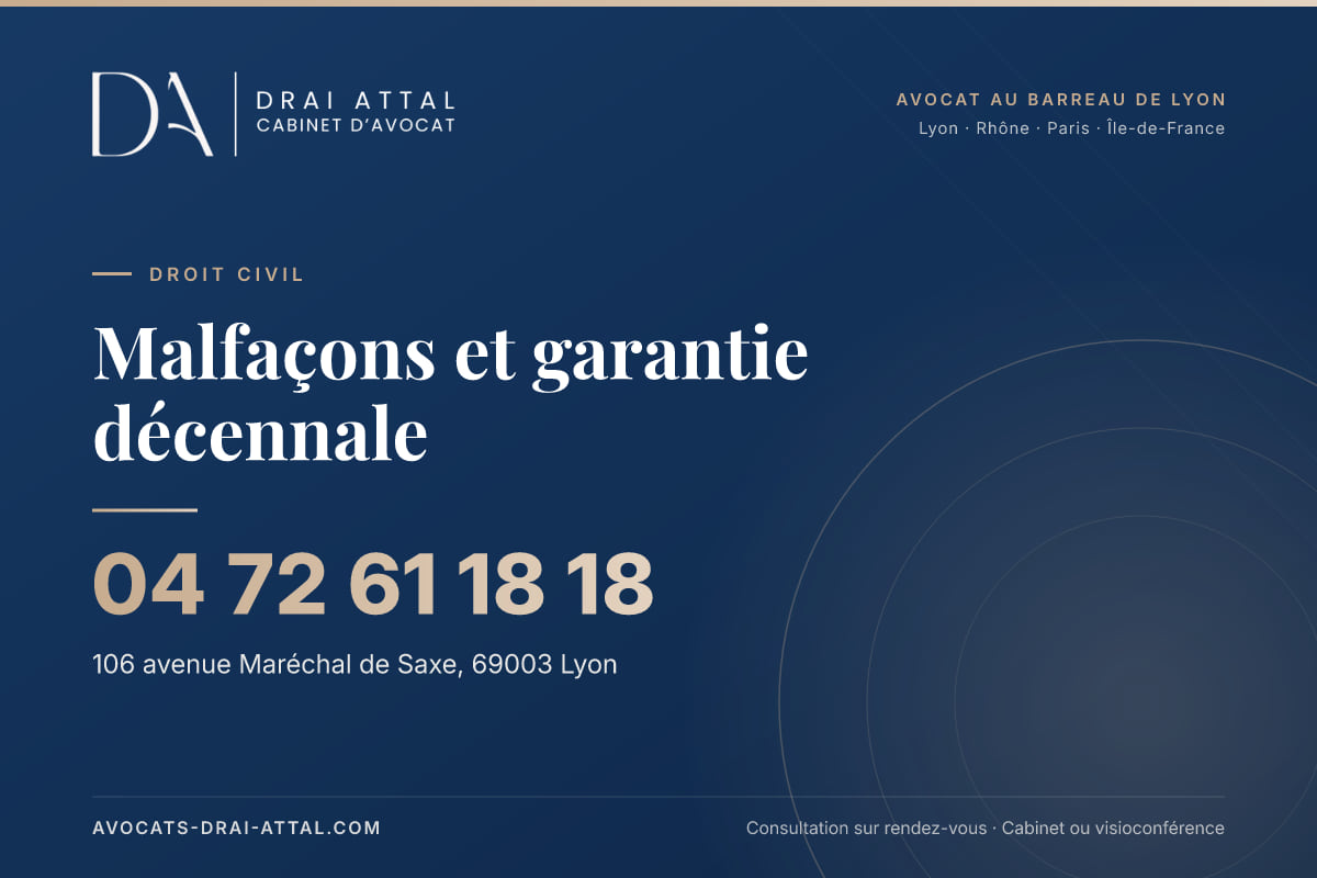 Malfaçons et garantie décennale : votre avocat à Lyon et à Paris Malfaçons et garantie décennale – Cabinet Drai Attal, avocat à Lyon, 106 avenue Maréchal de Saxe 69003 Lyon, tél. 04 72 61 18 18