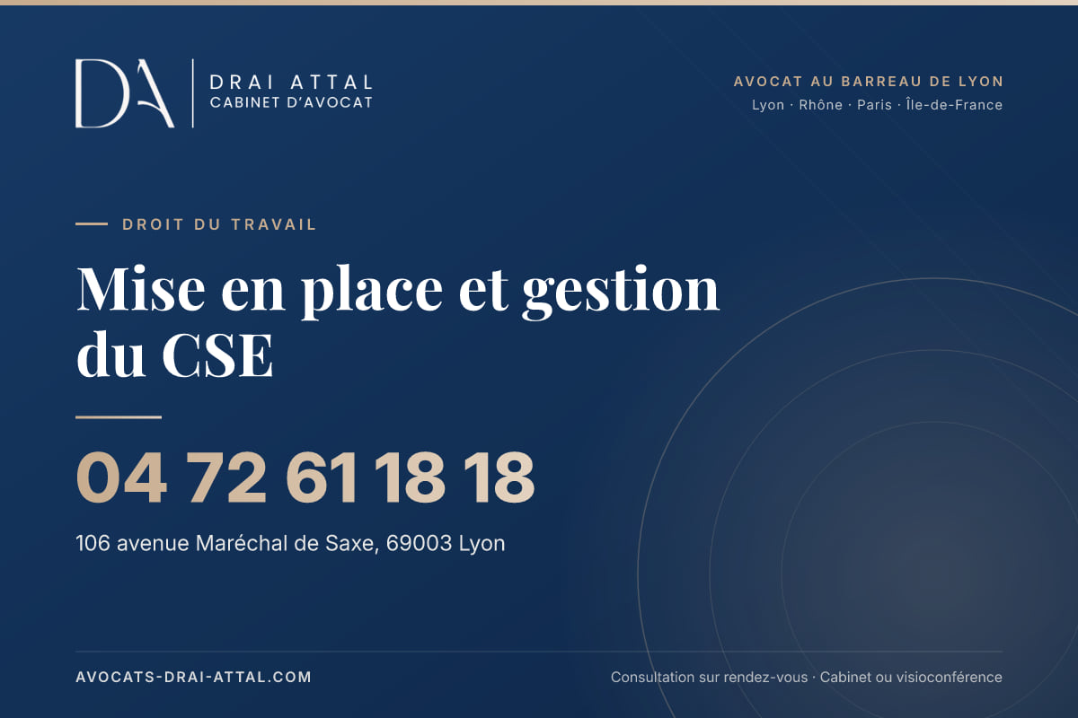 Mise en place et gestion du CSE : votre avocat à Lyon et à Paris Mise en place et gestion du CSE – Cabinet Drai Attal, avocat à Lyon, 106 avenue Maréchal de Saxe 69003 Lyon, tél. 04 72 61 18 18