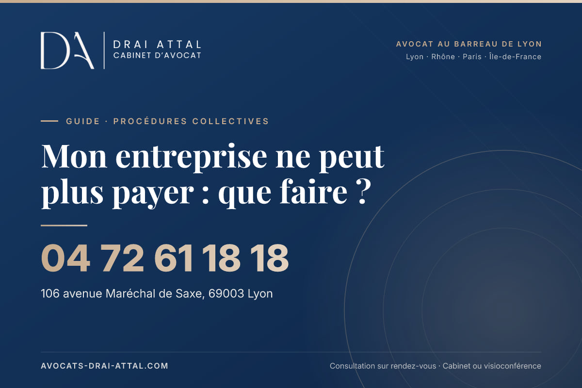 Mon entreprise ne peut plus payer : que faire ? – Cabinet Drai Attal, avocat à Lyon, 106 avenue Maréchal de Saxe 69003 Lyon, tél. 04 72 61 18 18