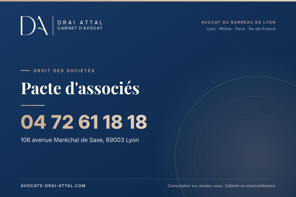 Pacte d'associés : votre avocat à Lyon et à Paris Pacte d'associés – Cabinet Drai Attal, avocat à Lyon, 106 avenue Maréchal de Saxe 69003 Lyon, tél. 04 72 61 18 18