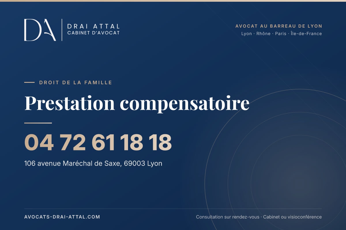 Prestation compensatoire : votre avocat à Lyon et à Paris Prestation compensatoire – Cabinet Drai Attal, avocat à Lyon, 106 avenue Maréchal de Saxe 69003 Lyon, tél. 04 72 61 18 18