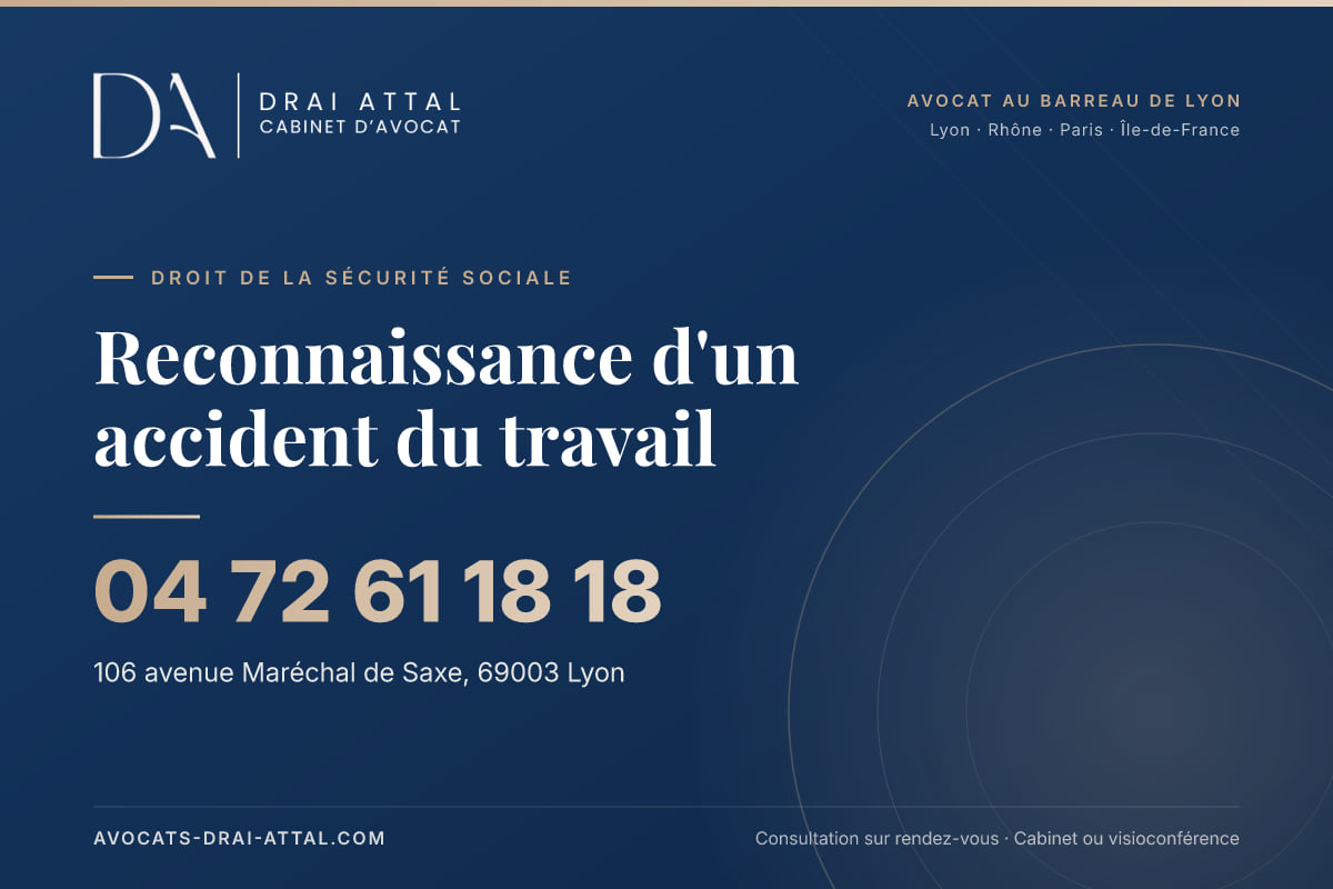 Reconnaissance d'un accident du travail : votre avocat à Lyon et à Paris Reconnaissance d'un accident du travail – Cabinet Drai Attal, avocat à Lyon, 106 avenue Maréchal de Saxe 69003 Lyon, tél. 04 72 61 18 18