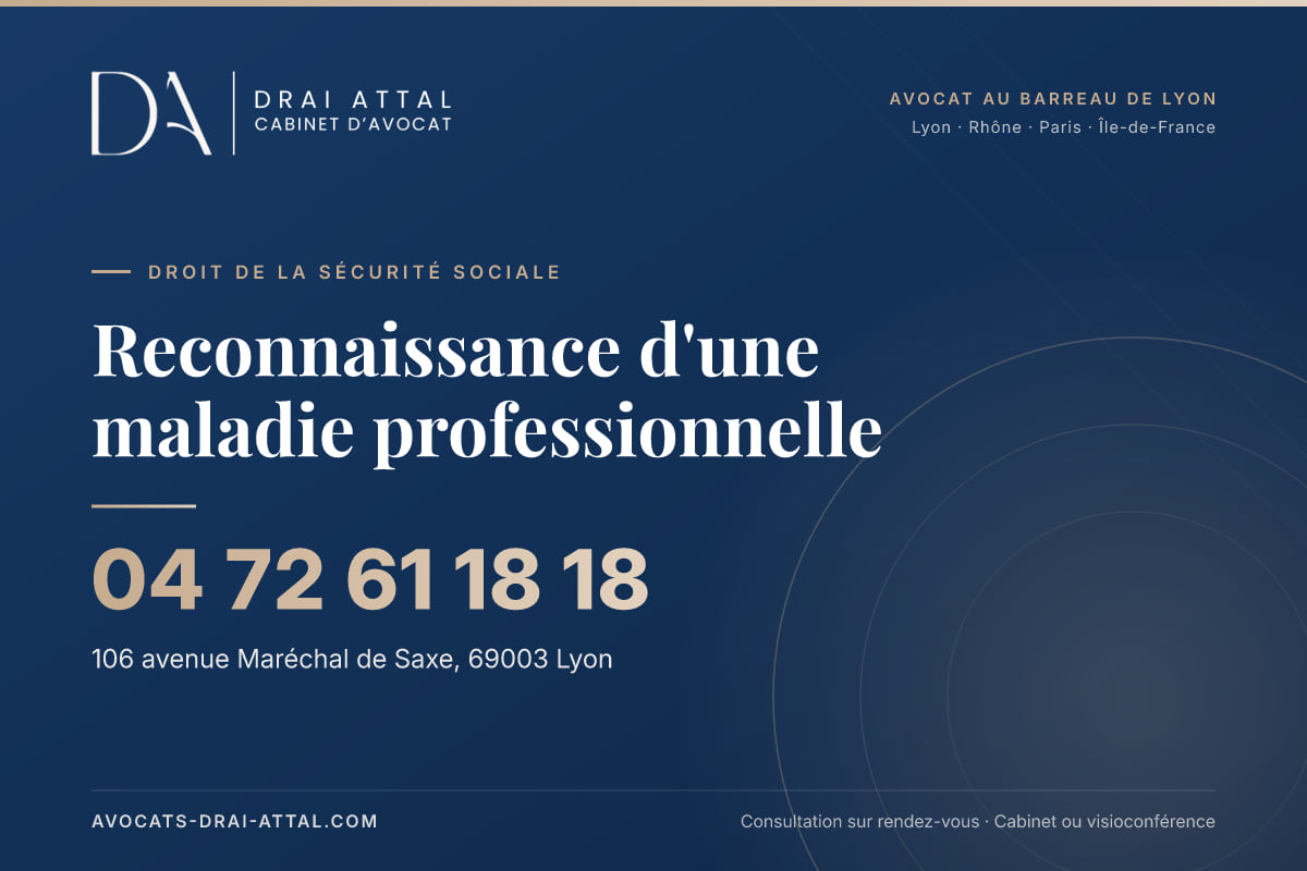 Reconnaissance d'une maladie professionnelle : votre avocat à Lyon et à Paris Reconnaissance d'une maladie professionnelle – Cabinet Drai Attal, avocat à Lyon, 106 avenue Maréchal de Saxe 69003 Lyon, tél. 04 72 61 18 18