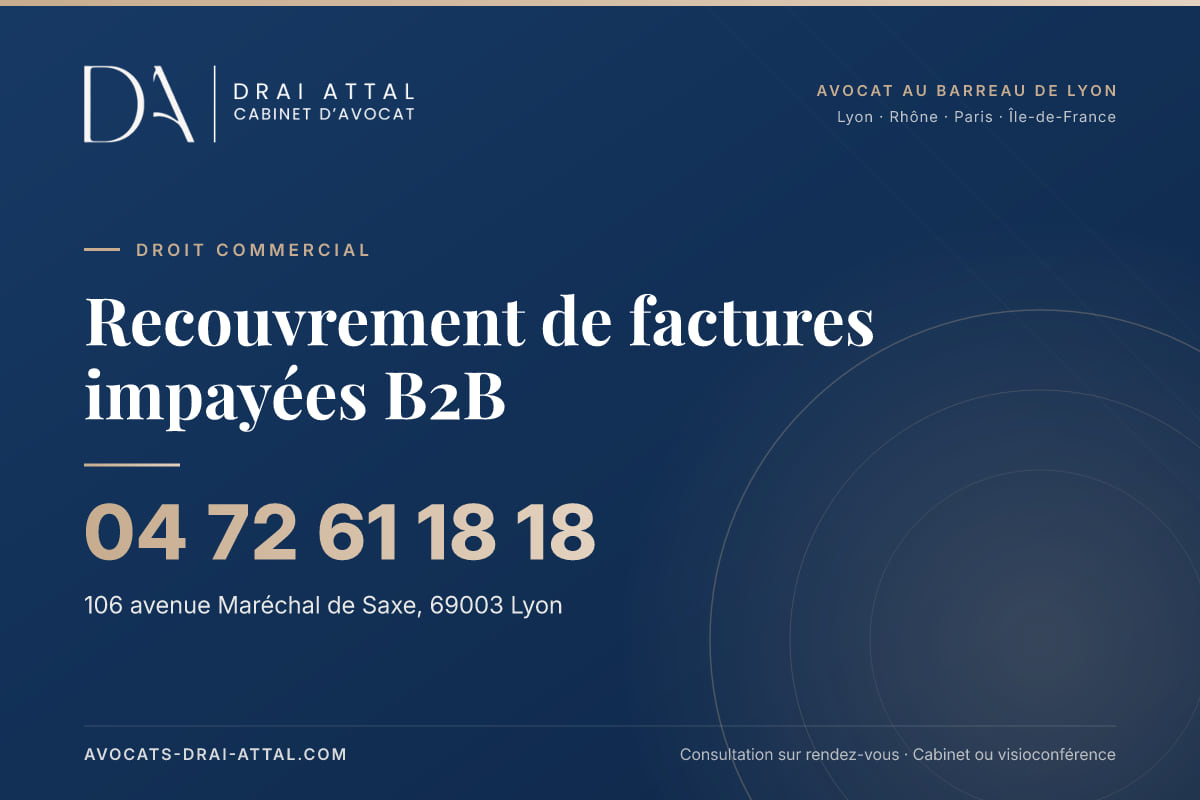 Recouvrement de factures impayées B2B – Cabinet Drai Attal, avocat à Lyon, 106 avenue Maréchal de Saxe 69003 Lyon, tél. 04 72 61 18 18