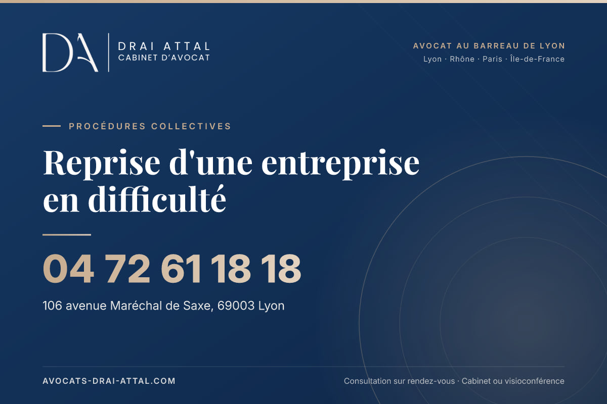 Reprise d'une entreprise en difficulté – Cabinet Drai Attal, avocat à Lyon, 106 avenue Maréchal de Saxe 69003 Lyon, tél. 04 72 61 18 18