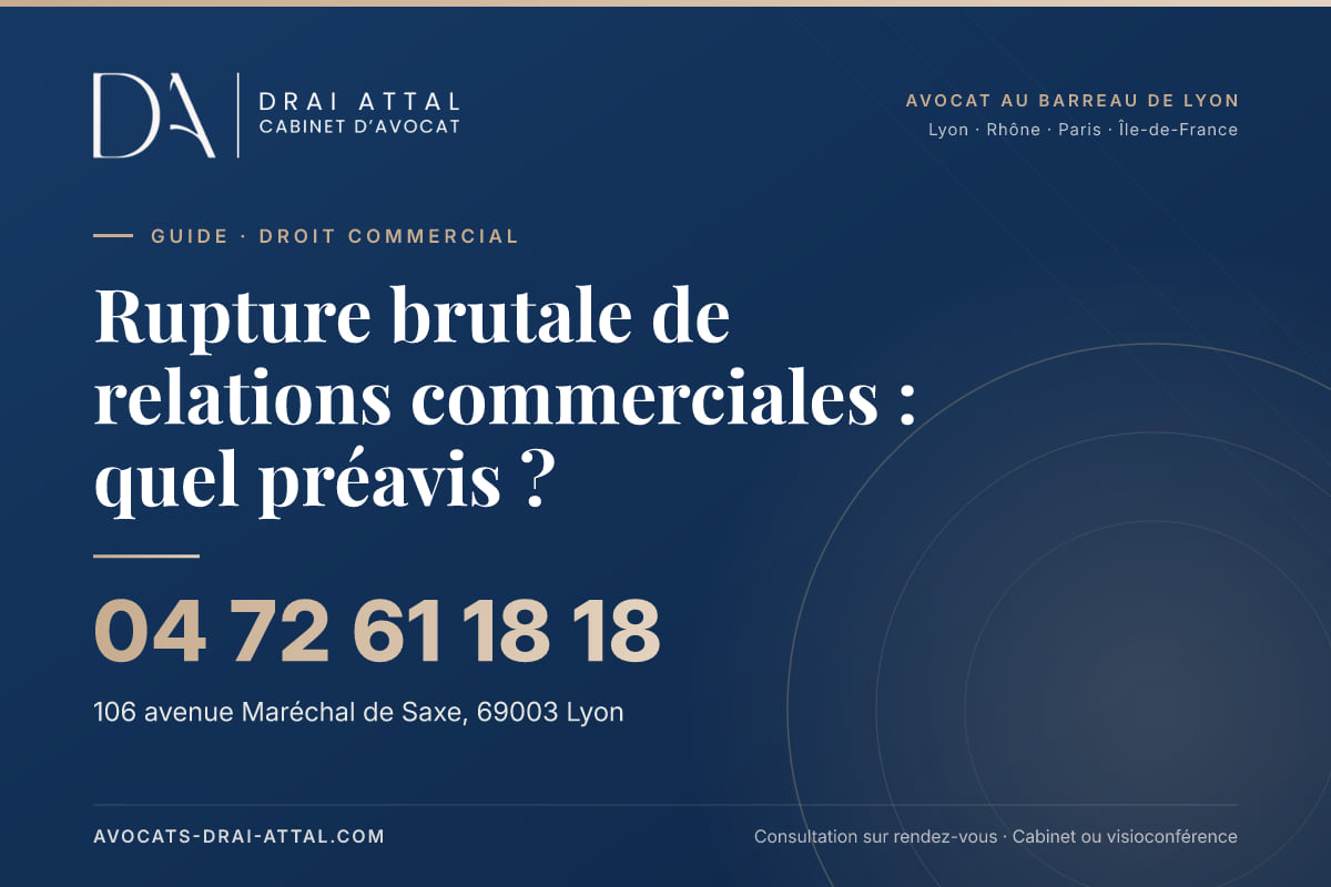 Rupture brutale de relations commerciales : quel préavis ? Rupture brutale de relations commerciales : quel préavis ? – Cabinet Drai Attal, avocat à Lyon, 106 avenue Maréchal de Saxe 69003 Lyon, tél. 04 72 61 18 18