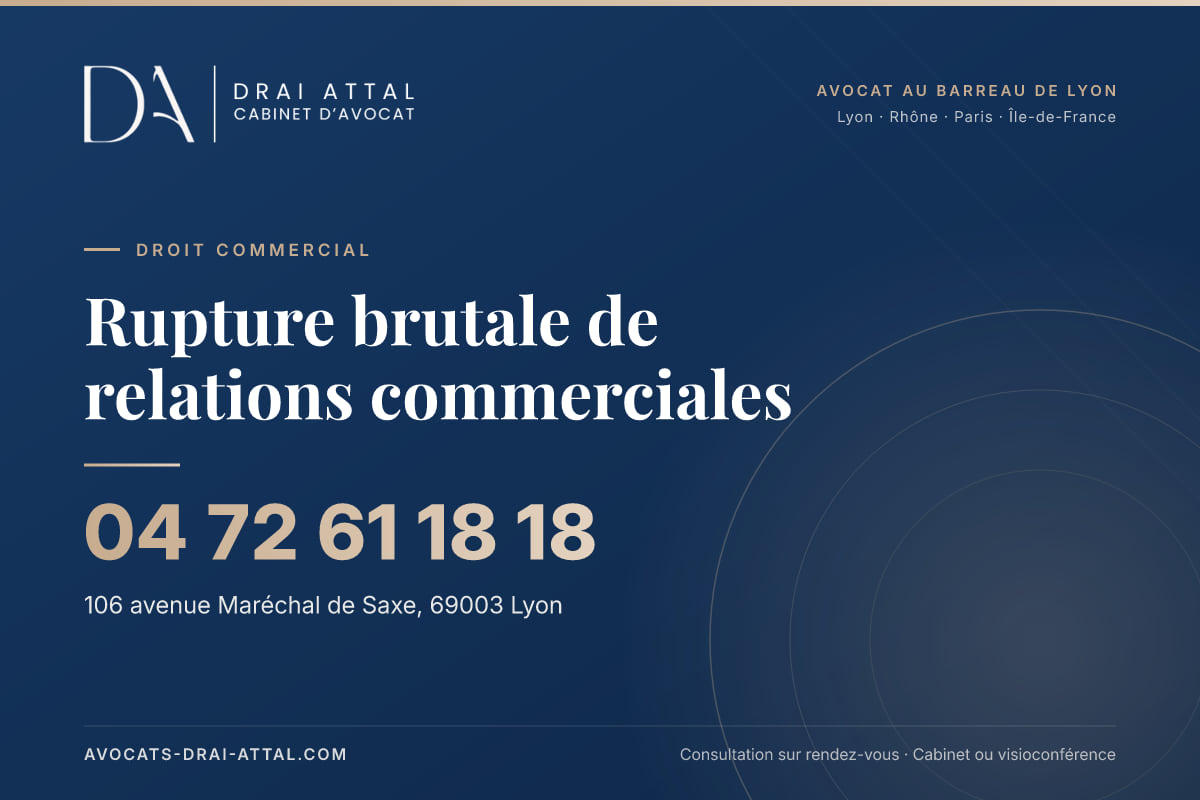 Rupture brutale de relations commerciales : votre avocat à Lyon et à Paris Rupture brutale de relations commerciales – Cabinet Drai Attal, avocat à Lyon, 106 avenue Maréchal de Saxe 69003 Lyon, tél. 04 72 61 18 18