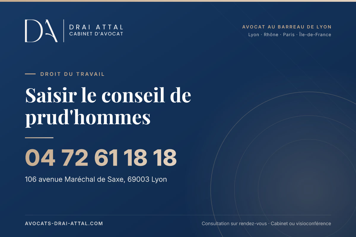 Saisir le conseil de prud'hommes : votre avocat à Lyon et à Paris Saisir le conseil de prud'hommes – Cabinet Drai Attal, avocat à Lyon, 106 avenue Maréchal de Saxe 69003 Lyon, tél. 04 72 61 18 18