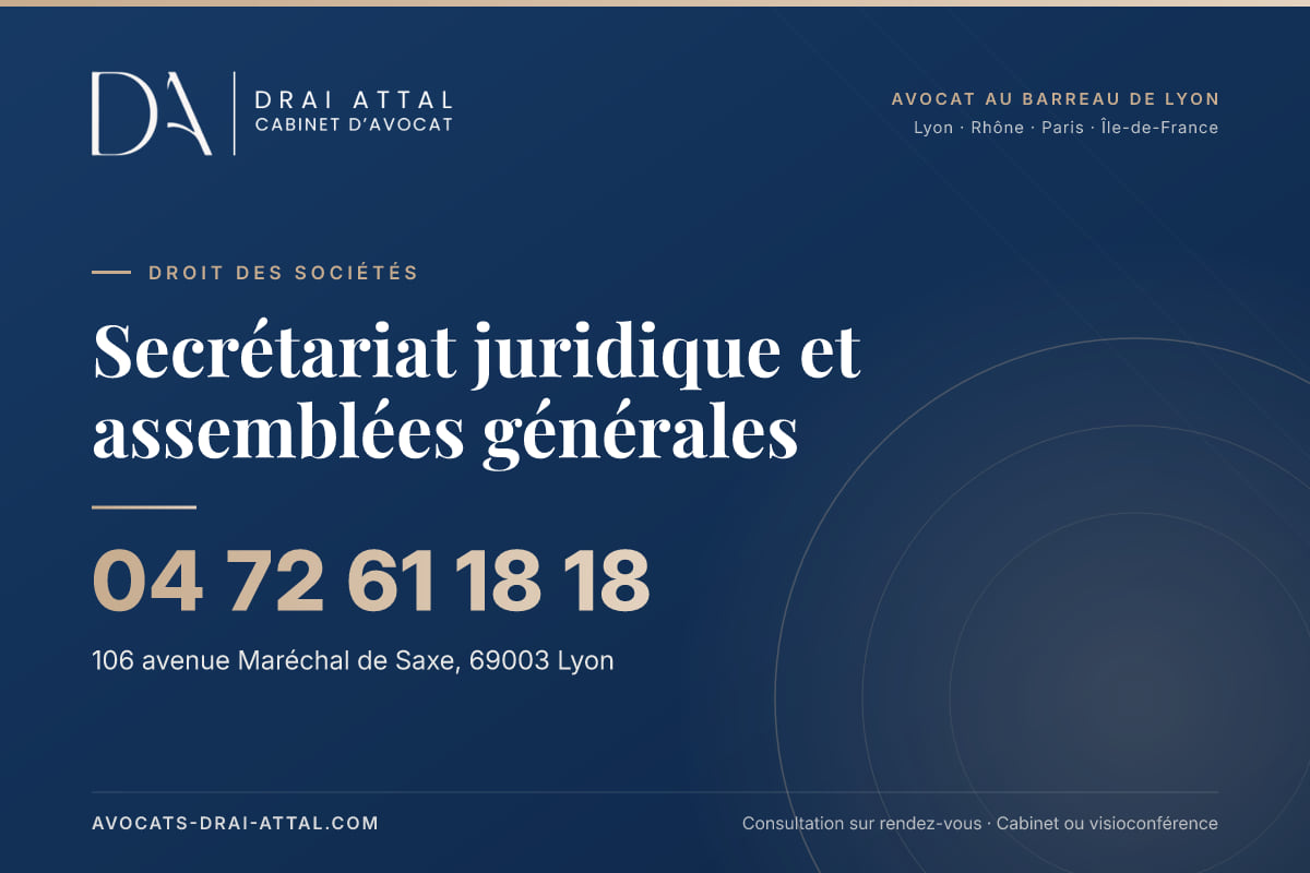 Secrétariat juridique et assemblées générales – Cabinet Drai Attal, avocat à Lyon, 106 avenue Maréchal de Saxe 69003 Lyon, tél. 04 72 61 18 18