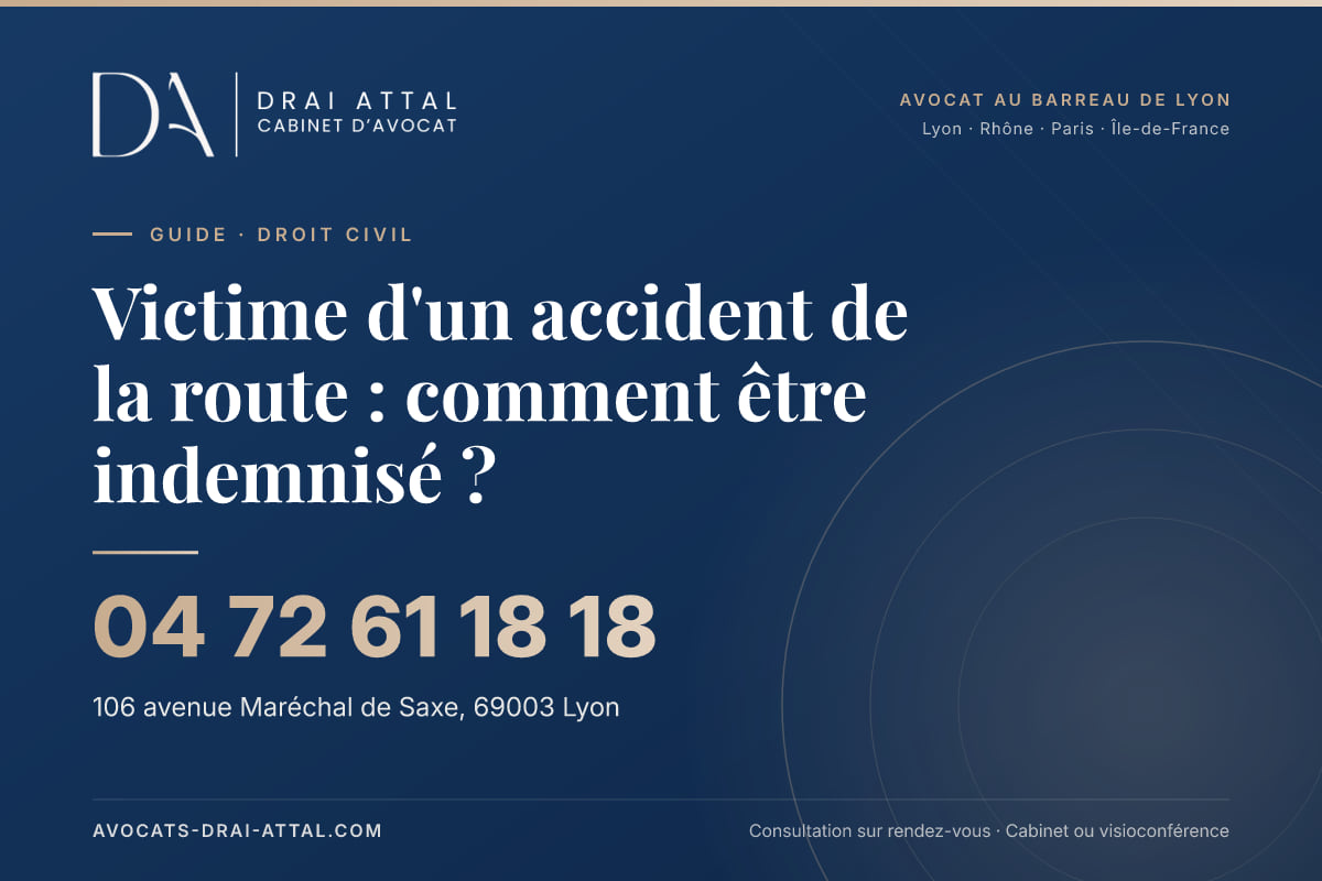 Victime d'un accident de la route : comment être indemnisé ? Victime d'un accident de la route : comment être indemnisé ? – Cabinet Drai Attal, avocat à Lyon, 106 avenue Maréchal de Saxe 69003 Lyon, tél. 04 72 61 18 18
